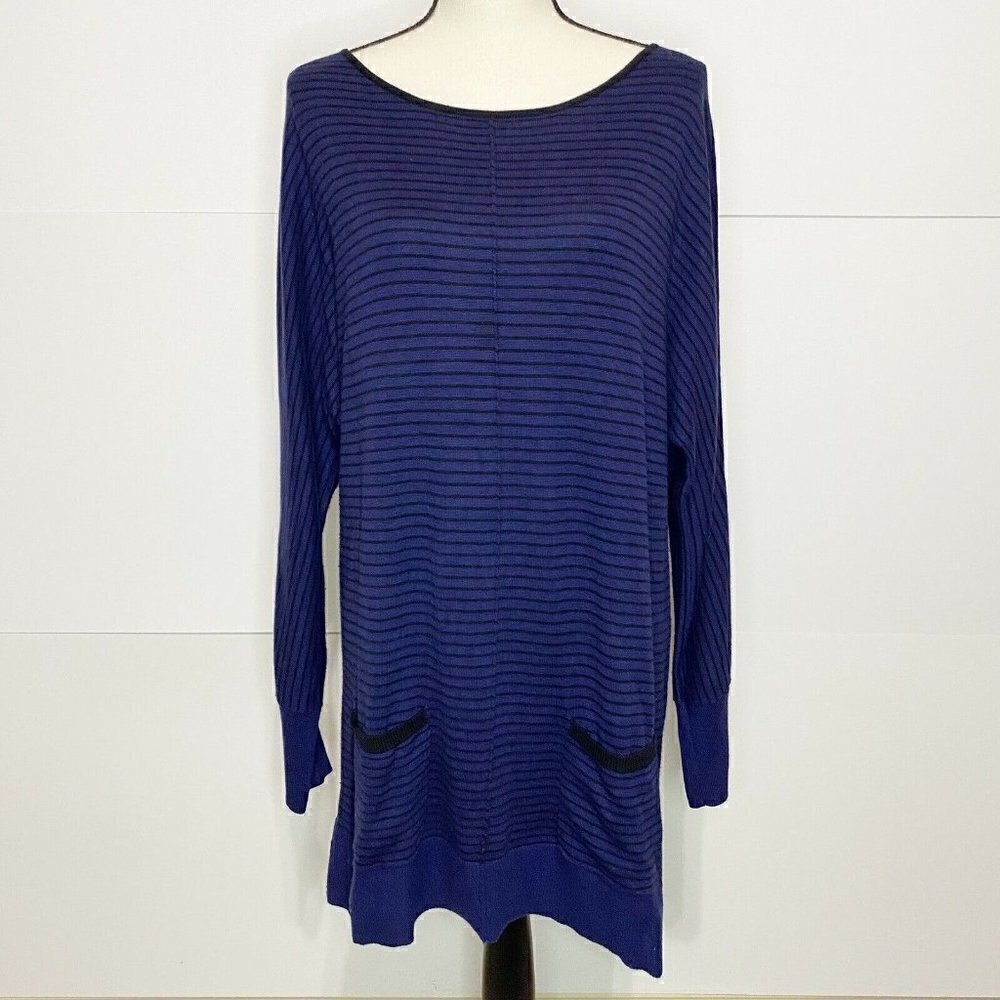 Halogen Nordstrom Tunic Sweater Large Blue/Black Striped Stretch Cotton Blend